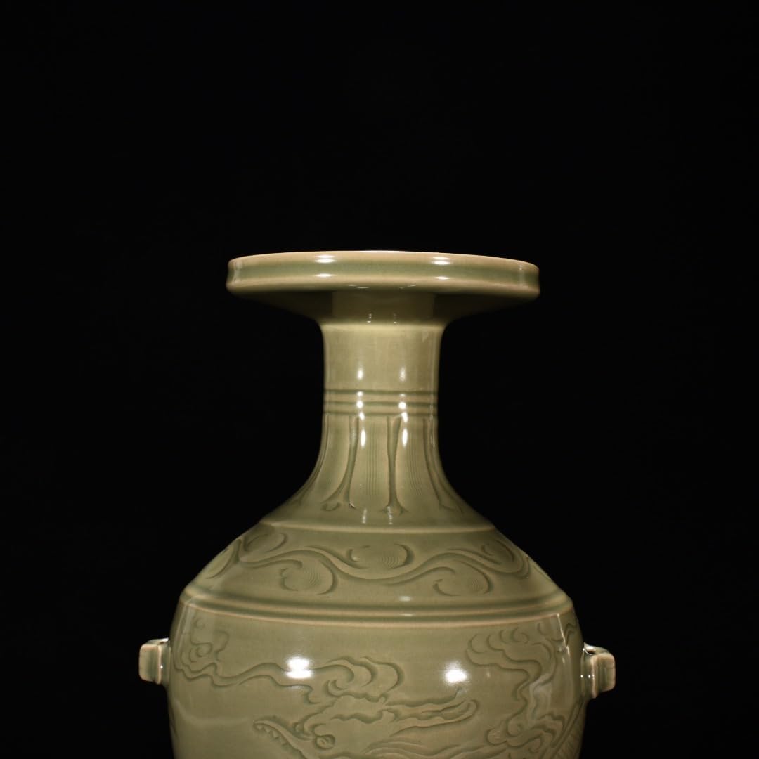 Amazon.co.jp: 五代秘色越窯 青磁 刻龍文盤口瓶 唐物 陶磁器 中国美術